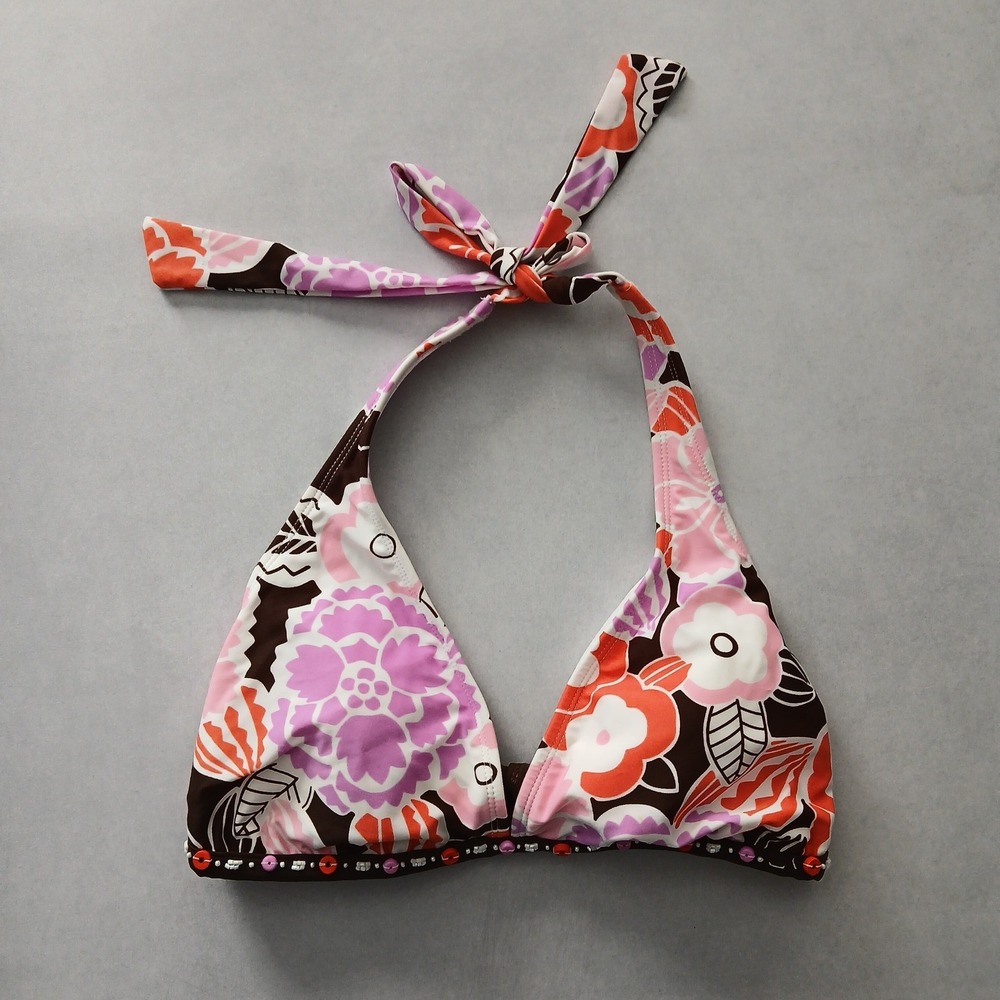 Brown Y2K Swim Resort Beach Vacation Floral Grunge Halter‎ Goth Bikini Top Large